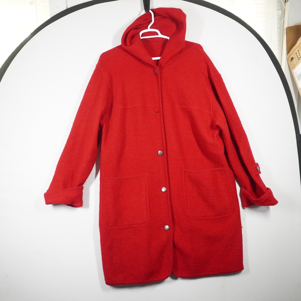 Vtg JCPenney Boiled Wool Hooded Coat Women 1X Red Button Front Duffle Jacket